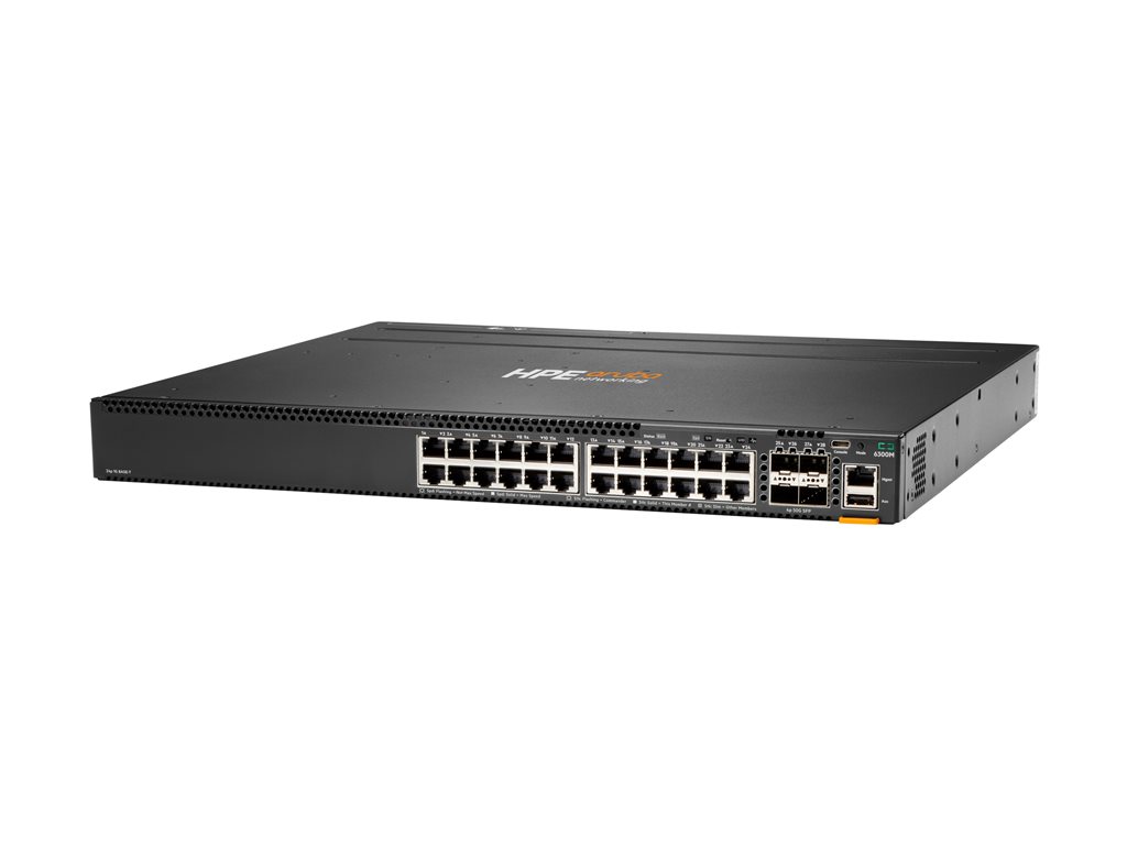 HPE Aruba 6300M - Switch - L3 - managed - 24 x 10 / 100 / 1000 + 4 x 1 Gigabit / 10 Gigabit / 25 Gigabit / 50 Gigabit SFP56 (Uplink / Stacking) - von vorne und von Seite zu hinten - an Rack montierbar