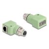 Delock M12 Adapter X-kodiert 8 Pin Buchse zu RJ45 Buchse Cat.5e mit Befestigungsloch 90 grad gewinkelt grün