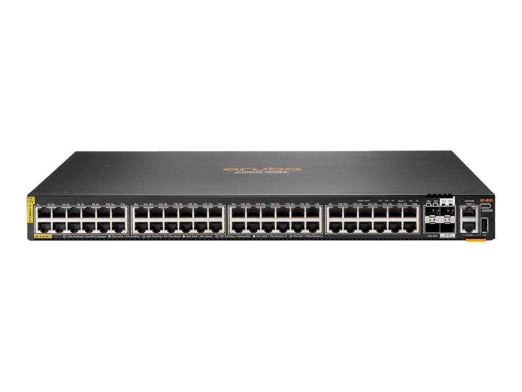 HPE Aruba 6200M 48G Class4 PoE 4SFP+ Switch - Switch - max. Stapelentfernung 10 km - L3 - managed - 48 x 10 / 100 / 1000 (PoE+) + 4 x 1 Gigabit / 10 Gigabit SFP+ (Uplink / Stacking) - von vorne und von Seite zu hinten - an Rack montierbar - PoE+ (1440 W)