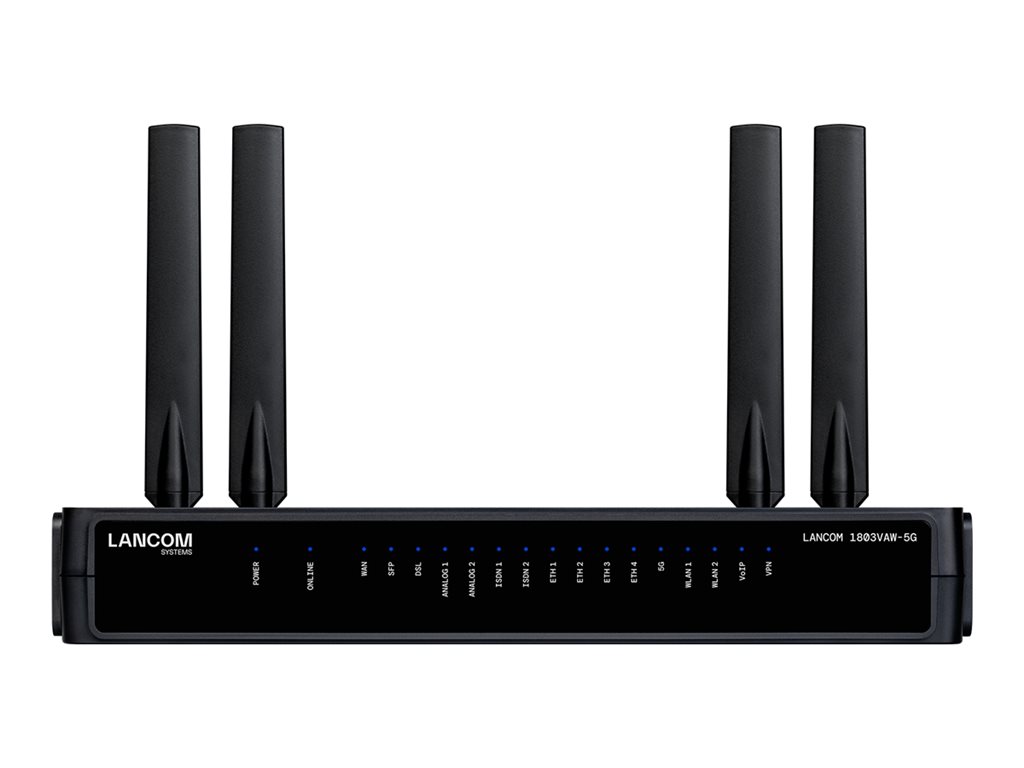 LANCOM 1803VAW-5G - SD-WAN-Gateway - mit VDSL, 5G und Wi-Fi 6 - 1GbE, 5G, LTE, UMTS, HSPA, VDSL, VDSL2 - Wi-Fi 6 - 5G, 4G, 3G - 2.4 GHz, 5 GHz - UMTS B1 / B2 / B4 / B5 / B8 / B19 / LTE B1 / B2 / B3 / B4 / B5 / B7 / B8 / B12 / B13 / B14 / B17 / B18 / B19 /