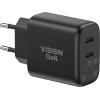 Aus MFI-zertifizierter Fabrik - Dual USB-C-Buchse - EU CEE 7 / 7 Schuko-Stecker - liefert 65 W vom Hauptanschluss - Bei Nutzung des zweiten Anschlusses sinkt die Leistung auf 45 W und der zweite Anschluss liefert 20 W - GaN-Technologie macht dies sehr