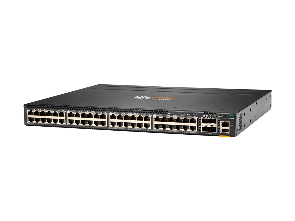 HPE Aruba 6300M - Switch - L3 - managed - 48 x 10 / 100 / 1000 + 4 x 1 Gigabit / 10 Gigabit / 25 Gigabit / 50 Gigabit SFP56 (Uplink / Stacking) - von vorne und von Seite zu hinten - an Rack montierbar