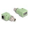 Delock M12 Adapter X-kodiert 8 Pin Stecker zu RJ45 Buchse Cat.5e mit Befestigungsloch 90 grad gewinkelt grün