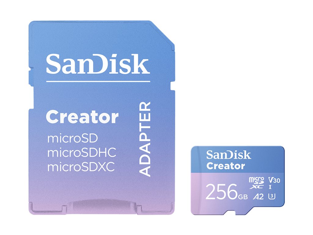 SanDisk Creator - Flash-Speicherkarte (microSDXC-an-SD-Adapter inbegriffen) - 256 GB - A2 / Video Class V30 / UHS-I U3 - microSDXC UHS-I