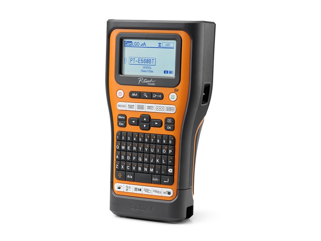 Brother P-Touch PT-E560BTSP - Beschriftungsgerät - s / w - Thermotransfer - Rolle (2,4 cm) - 180 dpi - bis zu 30 mm / Sek. - USB 3.0, Bluetooth 5.0 - Cutter - Spiegelschrift, Voll- & Halbschneidfunktion, Druckvorschau - Schwarz und Orange
