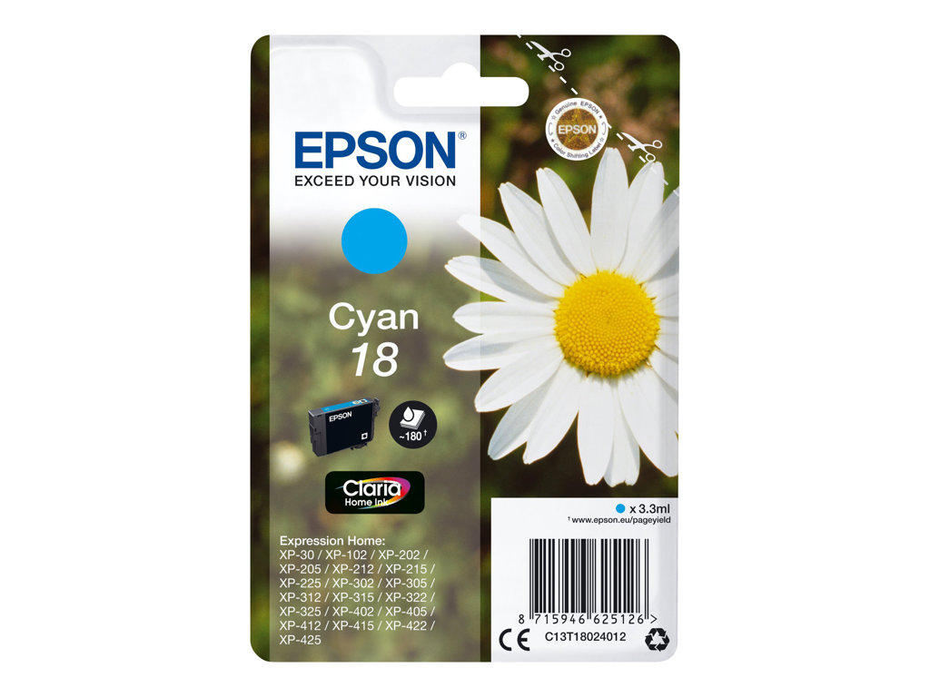 Epson 18 - 3.3 ml - Cyan - original - Tintenpatrone - für Expression Home XP-212, 215, 225, 312, 315, 322, 325, 412, 415, 422, 425