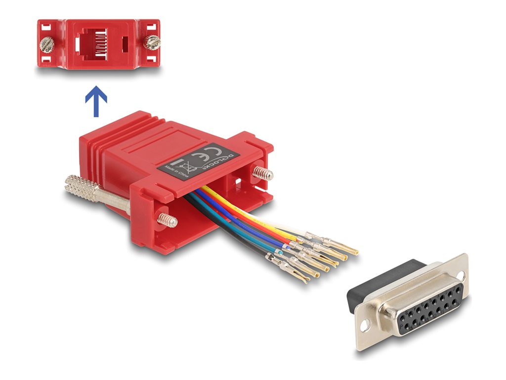 Delock Assembly Kit - Serieller Adapter - 15 pin D-Sub (DB-15) (W) schraubbar zu RJ-12 (6-polig) (W) - einzeln zuweisbare serielle Schnittstelle - Rot