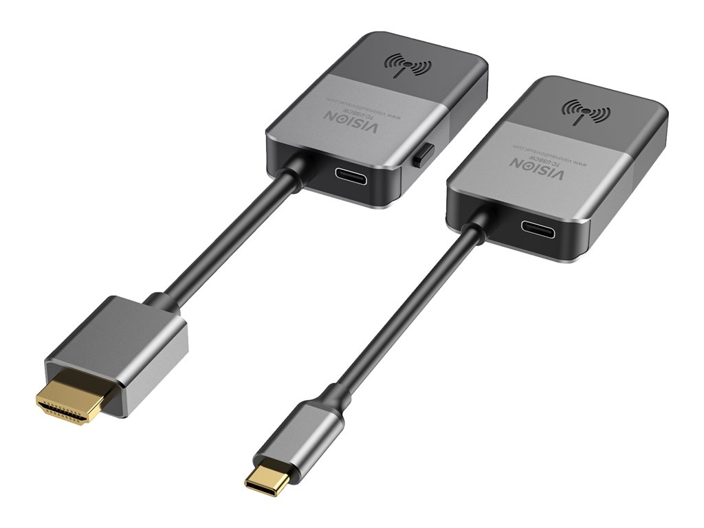 USBC-zu-HDMI-Wireless-Set - Sender wird in den USBC-Anschluss des Laptops eingesteckt - sendet HDMI drahtlos bis zu 10 m - Empfänger wird in den HDMI-Anschluss des Displays eingesteckt - Auflösung bis zu 4k bei 30 Hz - optimiert für Beschilderungs- u