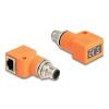 Delock M12 Adapter A-kodiert 8 Pin Stecker zu RJ45 Buchse Cat.5e mit Befestigungsloch 90 grad gewinkelt orange