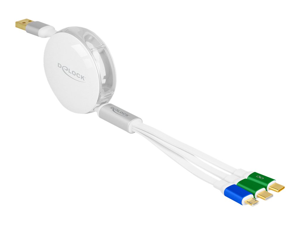 Delock - USB-Kabel - USB (M) zu Micro-USB Typ B, 24 pin USB-C (M) - USB 2.0 - 10 V - 3 A - 1.13 m - einziehbar, flach, bis zu 480 Mbps - weiß